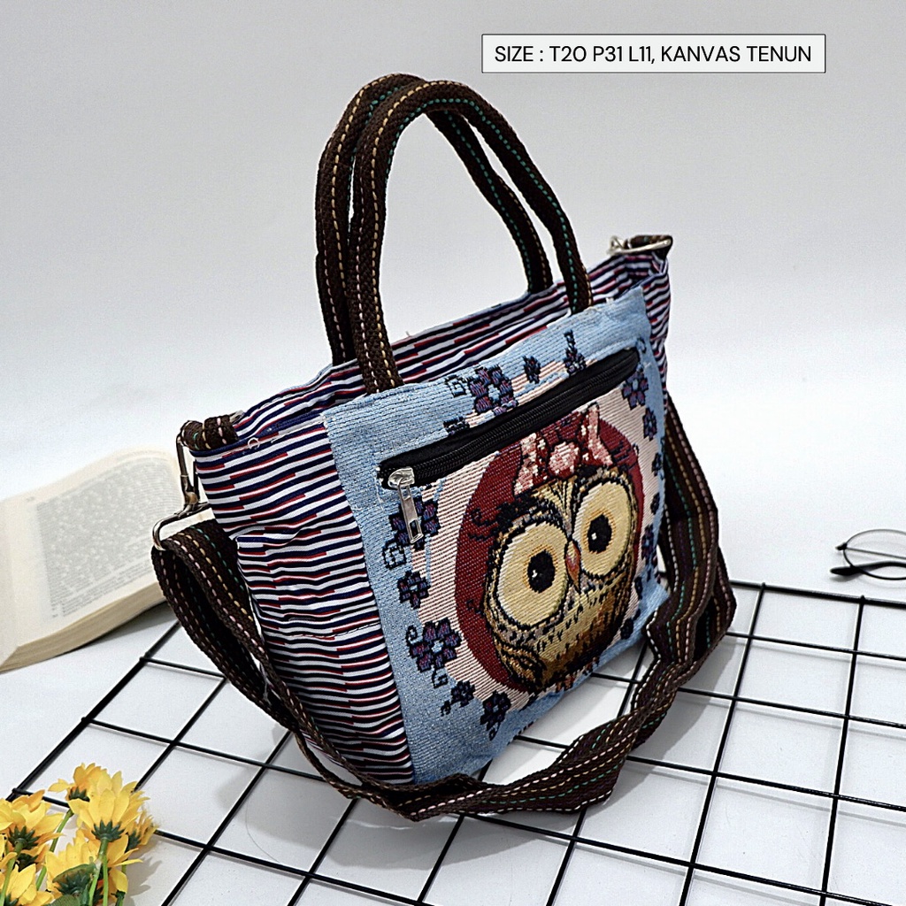 Tas Selempang kekinian Model Kinar kanvas tenun burung hantu owl murah tebal semarang tali panjang kaku oval - Gambar 2