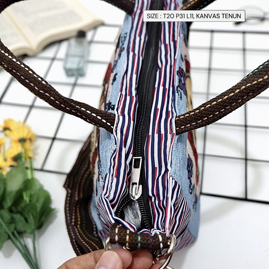 Tas Selempang kekinian Model Kinar kanvas tenun burung hantu owl murah tebal semarang tali panjang kaku oval - Gambar 3