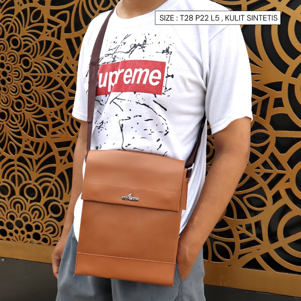 Tas Pria Tas Bahu Selempang Pria POLOS GESPER Kulit SINTETIS Muat Gadget 8 Inchi Slingbag cowok - Gambar 2